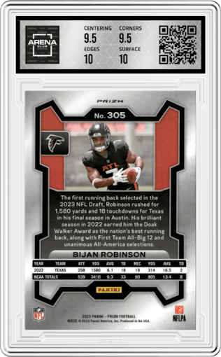 Bijan Robinson from the 2023 Panini Prizm set featuring a Silver Prizm parallel graded by Arena Club and given an overall grade of 10.