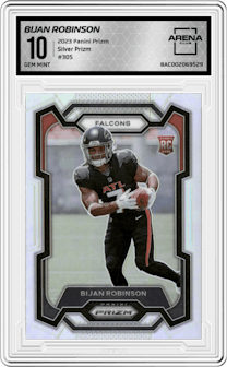 Bijan Robinson from the 2023 Panini Prizm set featuring a Silver Prizm parallel graded by Arena Club and given an overall grade of 10.