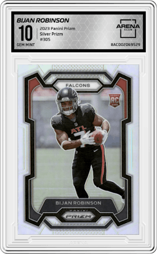 Bijan Robinson from the 2023 Panini Prizm set featuring a Silver Prizm parallel graded by Arena Club and given an overall grade of 10.