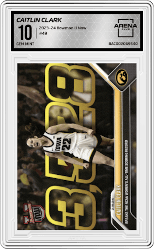 Caitlin Clark from the 2023-24 Bowman U Now set graded by Arena Club and given an overall grade of 10.