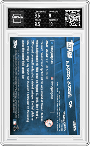 Aaron Judge from the 2017 Topps Update set graded by Arena Club and given an overall grade of 9.5.