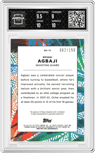 Ochai Agbaji from the 2021-22 Bowman University set graded by Arena Club and given an overall grade of 9.5.