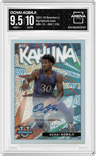 Ochai Agbaji from the 2021-22 Bowman University set graded by Arena Club and given an overall grade of 9.5.