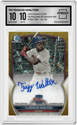 TayShaun Walton from the 2023 Bowman Draft set featuring a Gold Shimmer Refractor parallel graded by Arena Club and given an overall grade of 10.