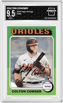 Colton Cowser from the 2024 Topps Heritage set graded by Arena Club and given an overall grade of 9.5.