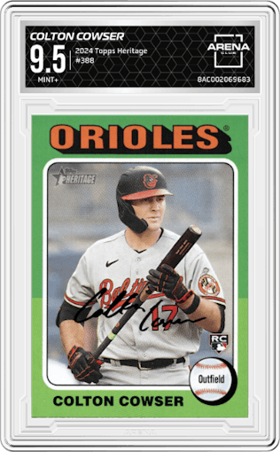Colton Cowser from the 2024 Topps Heritage set graded by Arena Club and given an overall grade of 9.5.