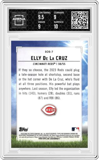 Elly De La Cruz from the 2023 Bowman  set graded by Arena Club and given an overall grade of 9.5.