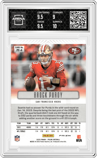 Brock Purdy from the 2023 Panini Prizm set featuring a No Huddle parallel graded by Arena Club and given an overall grade of 9.5.