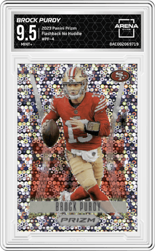 Brock Purdy from the 2023 Panini Prizm set featuring a No Huddle parallel graded by Arena Club and given an overall grade of 9.5.
