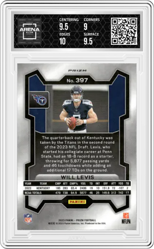 Will Levis from the 2023 Panini Prizm set featuring a Silver Prizm parallel graded by Arena Club and given an overall grade of 9.5.