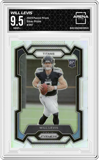 Will Levis from the 2023 Panini Prizm set featuring a Silver Prizm parallel graded by Arena Club and given an overall grade of 9.5.