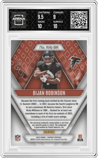 Bijan Robinson from the 2023 Panini Phoenix set graded by Arena Club and given an overall grade of 9.5.