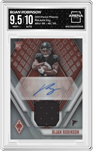 Bijan Robinson from the 2023 Panini Phoenix set graded by Arena Club and given an overall grade of 9.5.