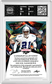 Deion Sanders from the 2023 Leaf Vibrance set featuring a Navy Blue Shimmer parallel graded by Arena Club and given an overall grade of 9.5.