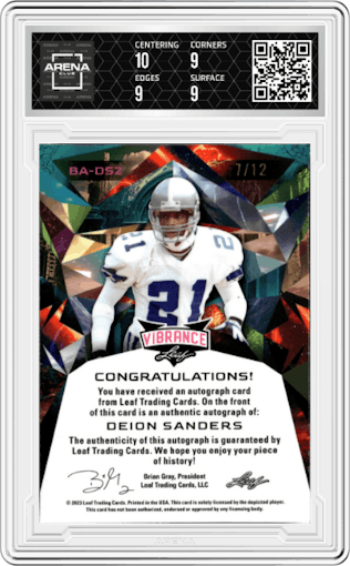 Deion Sanders from the 2023 Leaf Vibrance set featuring a Navy Blue Shimmer parallel graded by Arena Club and given an overall grade of 9.5.