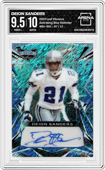 Deion Sanders from the 2023 Leaf Vibrance set featuring a Navy Blue Shimmer parallel graded by Arena Club and given an overall grade of 9.5.