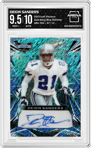 Deion Sanders from the 2023 Leaf Vibrance set featuring a Navy Blue Shimmer parallel graded by Arena Club and given an overall grade of 9.5.