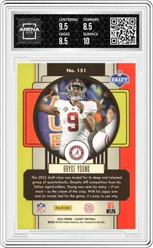 Bryce Young from the 2023 Panini Legacy set graded by Arena Club and given an overall grade of 9.