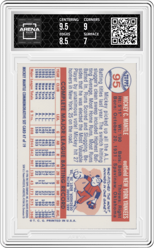 Mickey Mantle from the 1996 Topps set featuring a W/ Coating parallel graded by Arena Club and given an overall grade of 7.5.