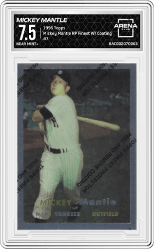 Mickey Mantle from the 1996 Topps set featuring a W/ Coating parallel graded by Arena Club and given an overall grade of 7.5.