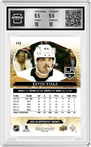 Kevin Fiala from the 2023-24 Artifacts Hockey set featuring a Polychrome parallel graded by Arena Club and given an overall grade of 10.