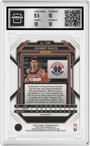 Johnny Davis from the 2022-23 Panini Prizm  set featuring a Red Ice parallel graded by Arena Club and given an overall grade of 10.