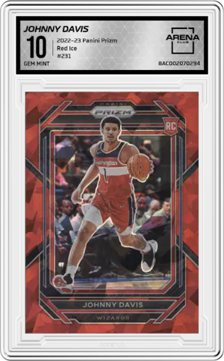 Johnny Davis from the 2022-23 Panini Prizm  set featuring a Red Ice parallel graded by Arena Club and given an overall grade of 10.