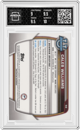 Caleb Williams from the 2022 Bowman University Chrome set graded by Arena Club and given an overall grade of 9.5.