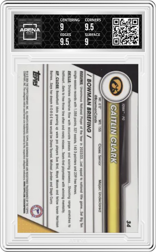 Caitlin Clark from the 2023-24 Bowman U Chrome set graded by Arena Club and given an overall grade of 9.5.