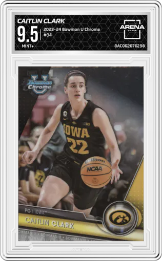 Caitlin Clark from the 2023-24 Bowman U Chrome set graded by Arena Club and given an overall grade of 9.5.