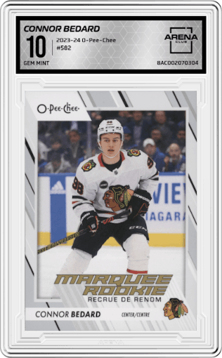 Connor Bedard from the 2023-24 O-Pee-Chee set graded by Arena Club and given an overall grade of 10.