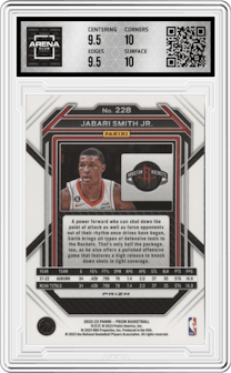 Jabari Smith Jr. from the 2022-23 Panini Prizm  set featuring a Pink Ice parallel graded by Arena Club and given an overall grade of 10.