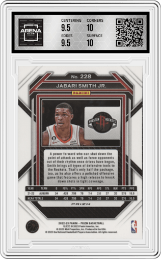 Jabari Smith Jr. from the 2022-23 Panini Prizm  set featuring a Pink Ice parallel graded by Arena Club and given an overall grade of 10.
