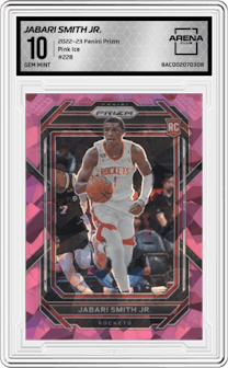 Jabari Smith Jr. from the 2022-23 Panini Prizm  set featuring a Pink Ice parallel graded by Arena Club and given an overall grade of 10.