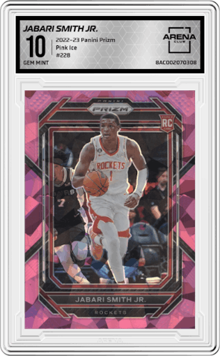 Jabari Smith Jr. from the 2022-23 Panini Prizm  set featuring a Pink Ice parallel graded by Arena Club and given an overall grade of 10.