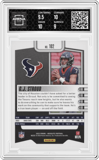 C.J. Stroud from the 2023 Panini Absolute set graded by Arena Club and given an overall grade of 9.5.