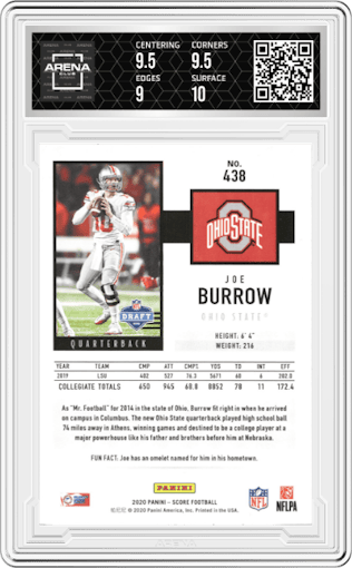 Joe Burrow from the 2020 Panini Score set graded by Arena Club and given an overall grade of 9.5.