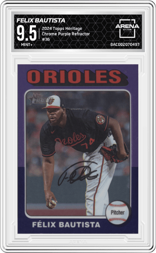 Félix Bautista from the 2024 Topps Heritage set featuring a Chrome Purple Refractor parallel graded by Arena Club and given an overall grade of 9.5.