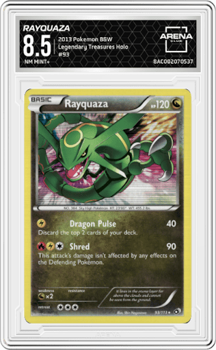Rayquaza from the 2013 Pokemon B&W set graded by Arena Club and given an overall grade of 8.5.