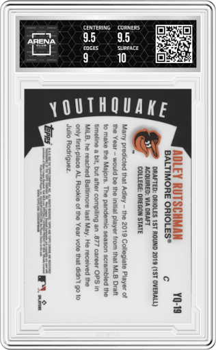 Adley Rutschman from the 2023 Topps Chrome set graded by Arena Club and given an overall grade of 9.5.