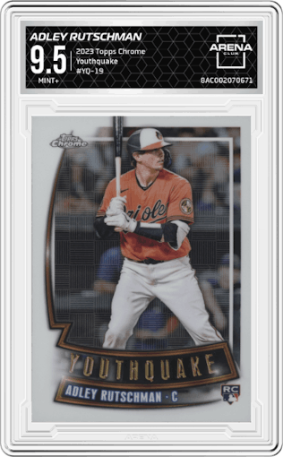 Adley Rutschman from the 2023 Topps Chrome set graded by Arena Club and given an overall grade of 9.5.