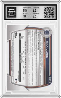 Max Clark from the 2023 Bowman Draft set graded by Arena Club and given an overall grade of 10.