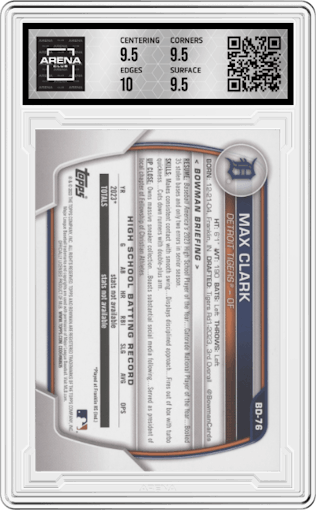 Max Clark from the 2023 Bowman Draft set graded by Arena Club and given an overall grade of 10.