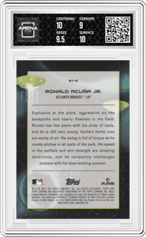 Ronald Acuna Jr. from the 2023 Topps Cosmic Chrome set graded by Arena Club and given an overall grade of 9.5.