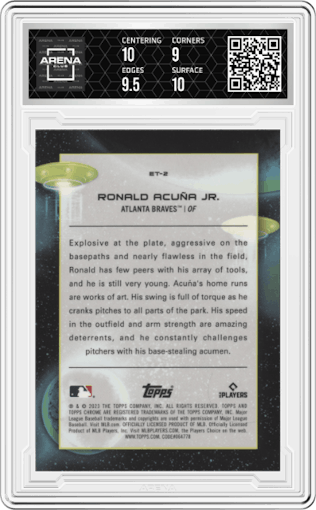 Ronald Acuna Jr. from the 2023 Topps Cosmic Chrome set graded by Arena Club and given an overall grade of 9.5.