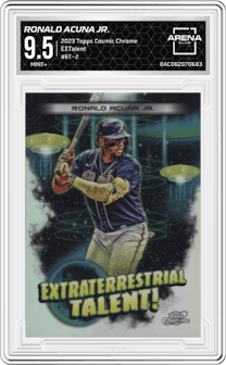 Ronald Acuna Jr. from the 2023 Topps Cosmic Chrome set graded by Arena Club and given an overall grade of 9.5.