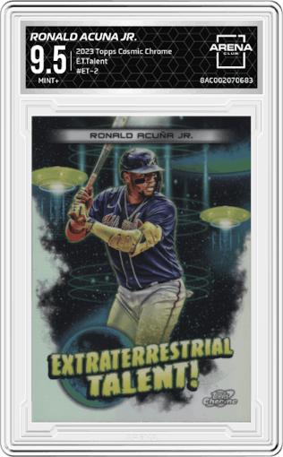 Ronald Acuna Jr. from the 2023 Topps Cosmic Chrome set graded by Arena Club and given an overall grade of 9.5.