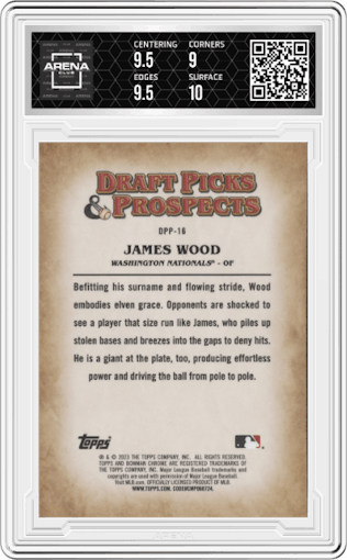 James Wood from the 2023 Bowman Draft set graded by Arena Club and given an overall grade of 9.5.