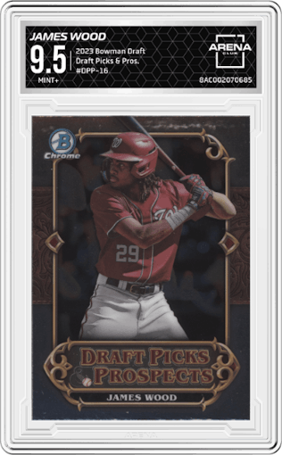 James Wood from the 2023 Bowman Draft set graded by Arena Club and given an overall grade of 9.5.