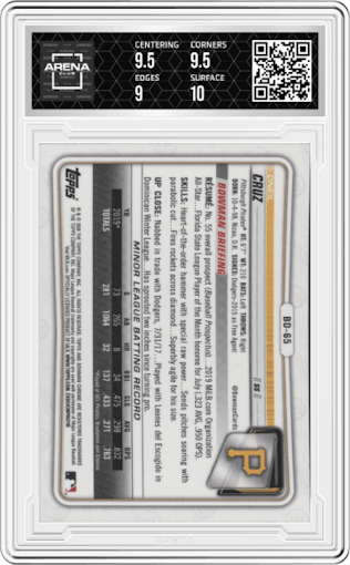 Oneil Cruz from the 2020 Bowman Draft set graded by Arena Club and given an overall grade of 9.5.